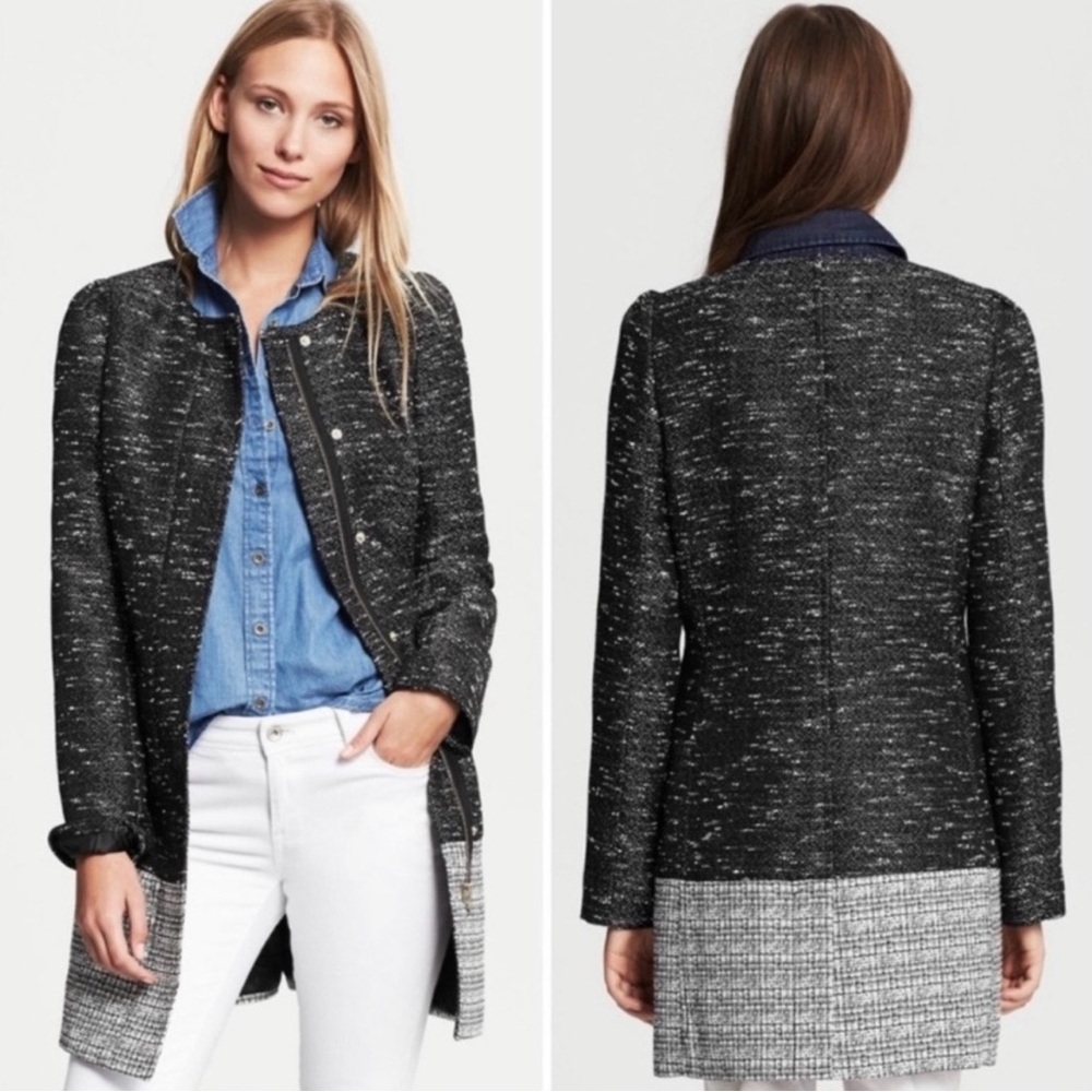 BANANA REPUBLIC Tweed Coat Size XS Black White Zip Closure Career Classic